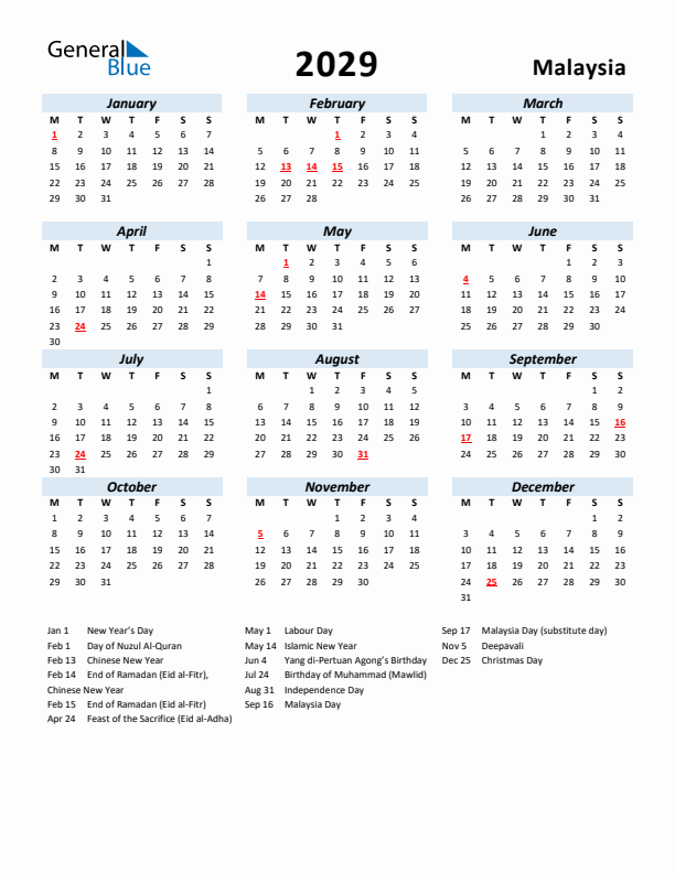 2029 Calendar for Malaysia with Holidays