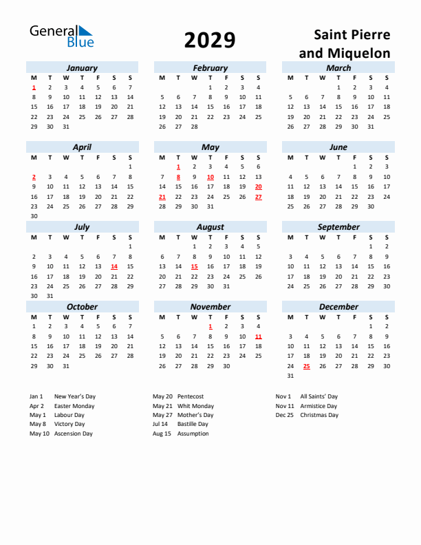 2029 Calendar for Saint Pierre and Miquelon with Holidays