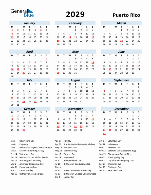 2029 Calendar for Puerto Rico with Holidays