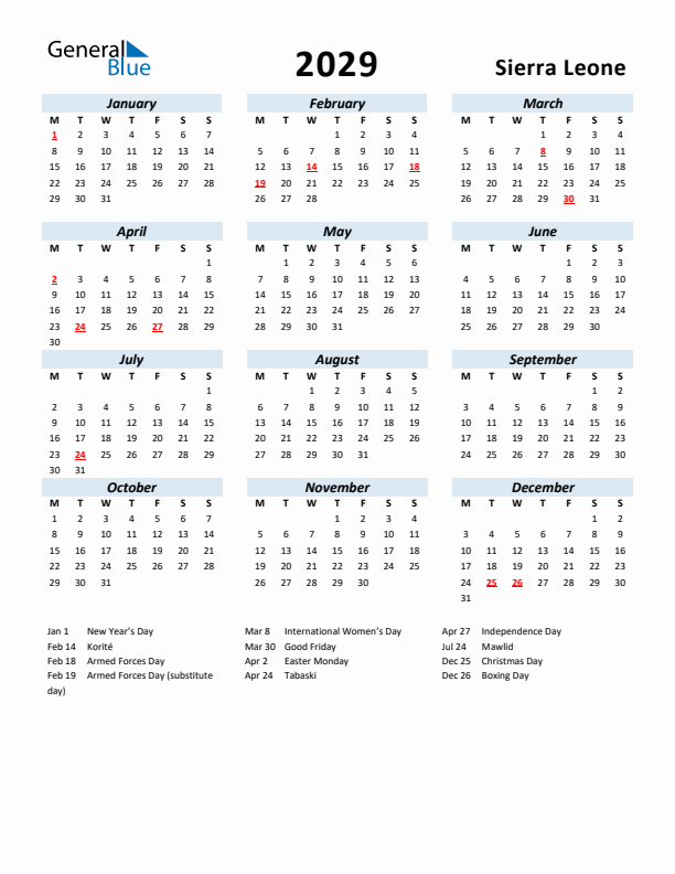 2029 Calendar for Sierra Leone with Holidays