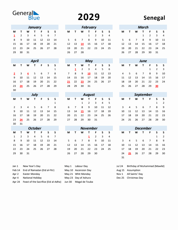 2029 Calendar for Senegal with Holidays