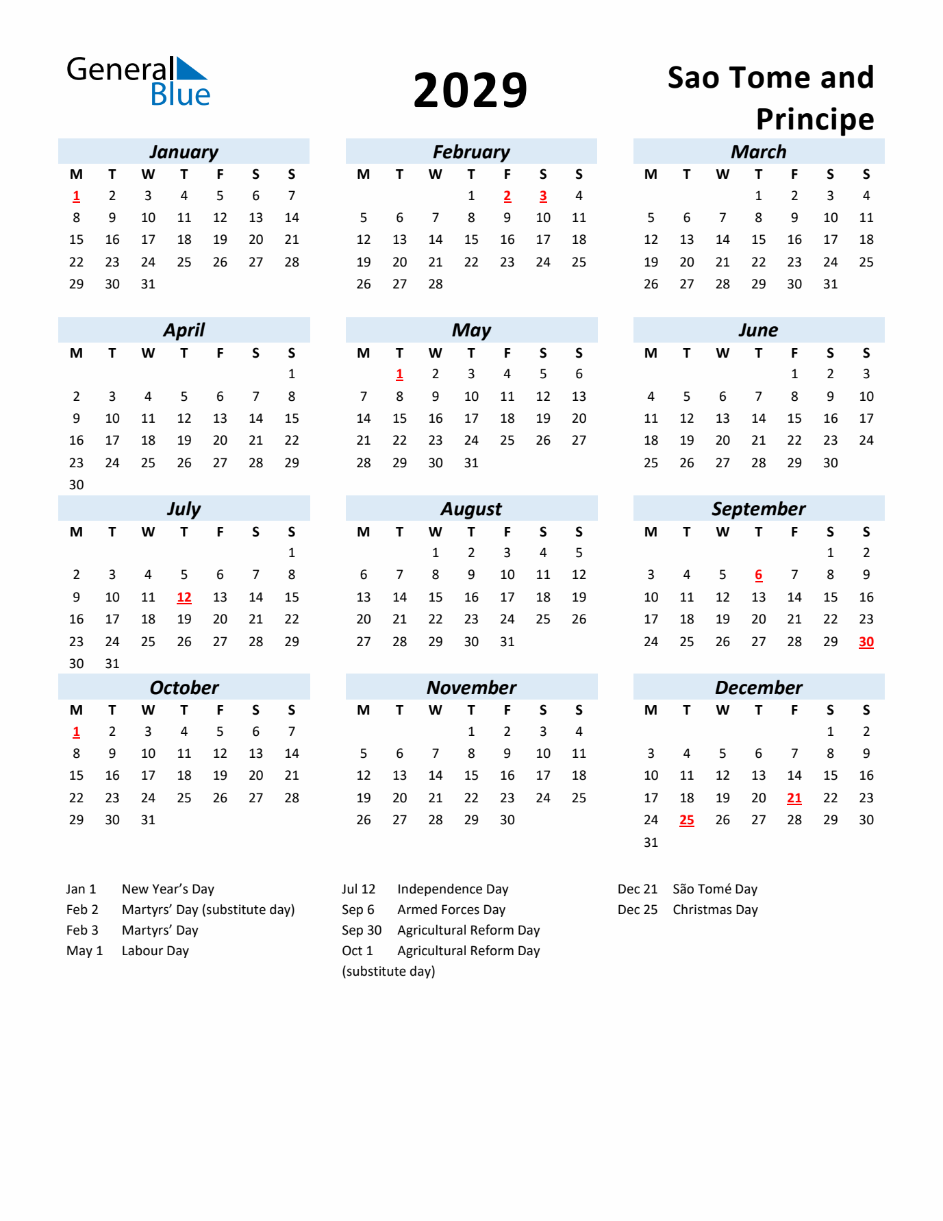 2029 Calendar for Sao Tome and Principe with Holidays