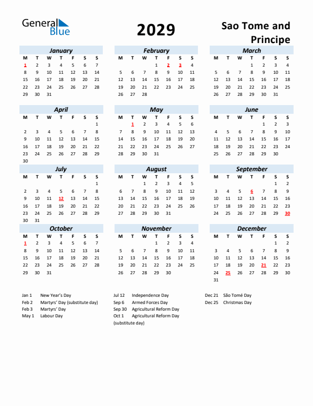 2029 Calendar for Sao Tome and Principe with Holidays