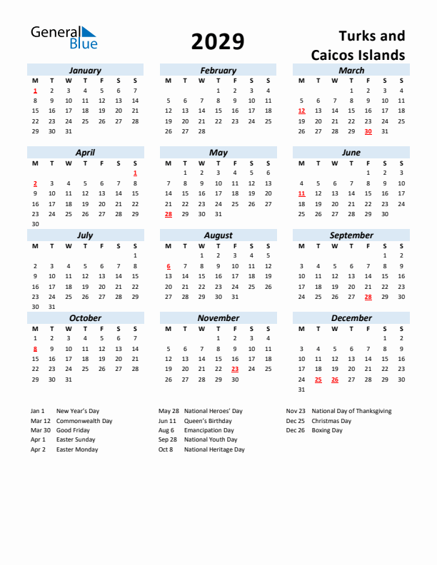 2029 Calendar for Turks and Caicos Islands with Holidays
