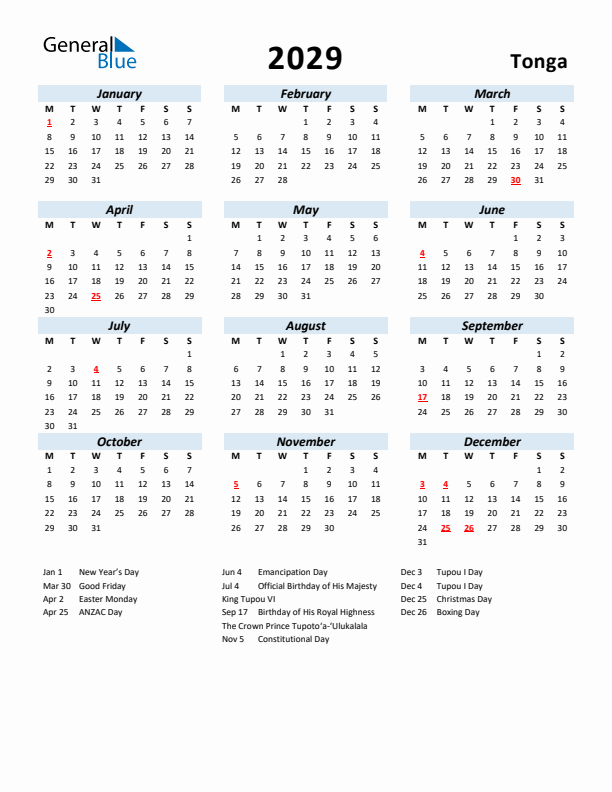 2029 Calendar for Tonga with Holidays