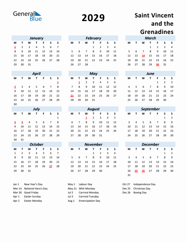 2029 Calendar for Saint Vincent and the Grenadines with Holidays
