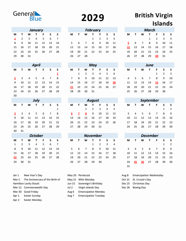 2029 Calendar for British Virgin Islands with Holidays