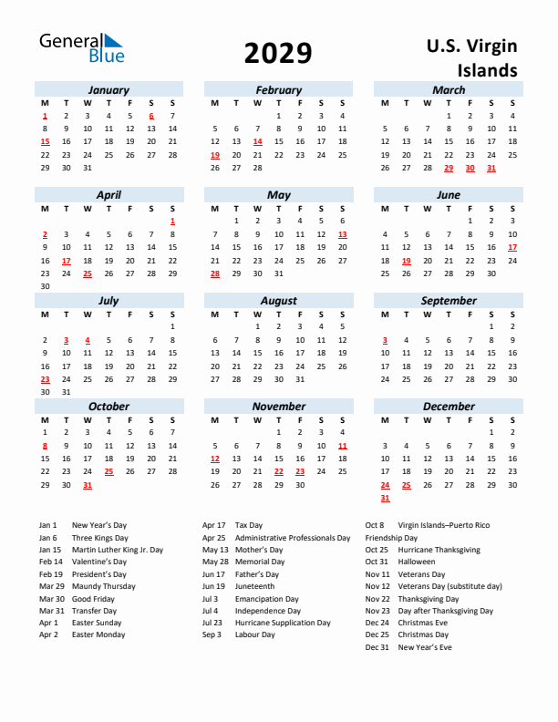 2029 Calendar for U.S. Virgin Islands with Holidays