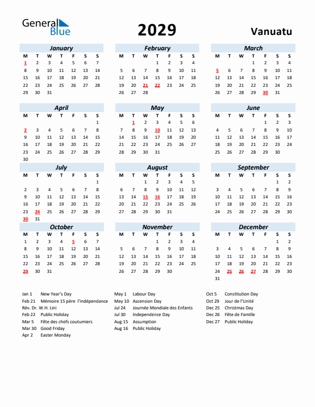 2029 Calendar for Vanuatu with Holidays