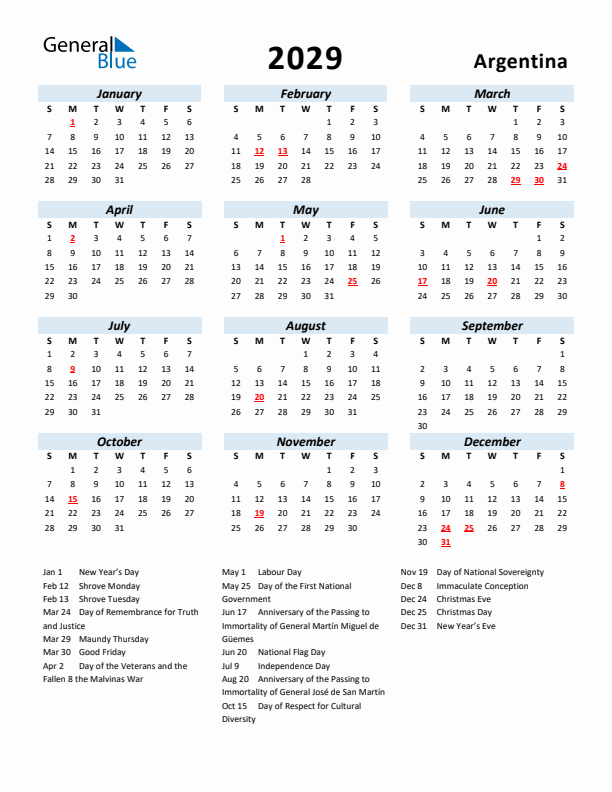 2029 Calendar for Argentina with Holidays