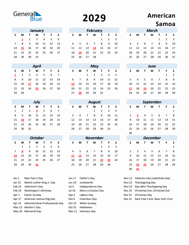 2029 Calendar for American Samoa with Holidays