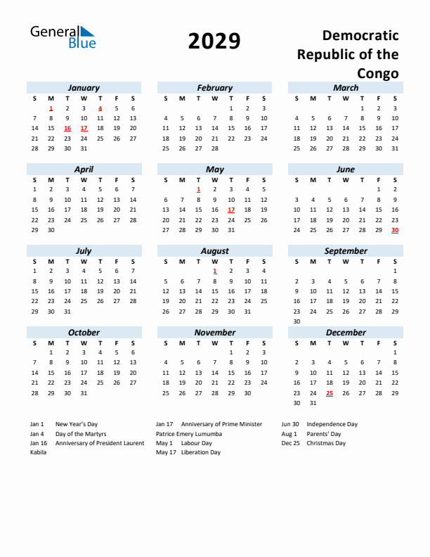2029 Calendar for Democratic Republic of the Congo with Holidays