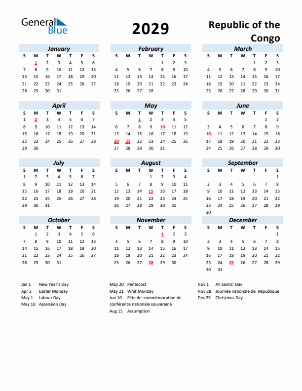 2029 Calendar for Republic of the Congo with Holidays