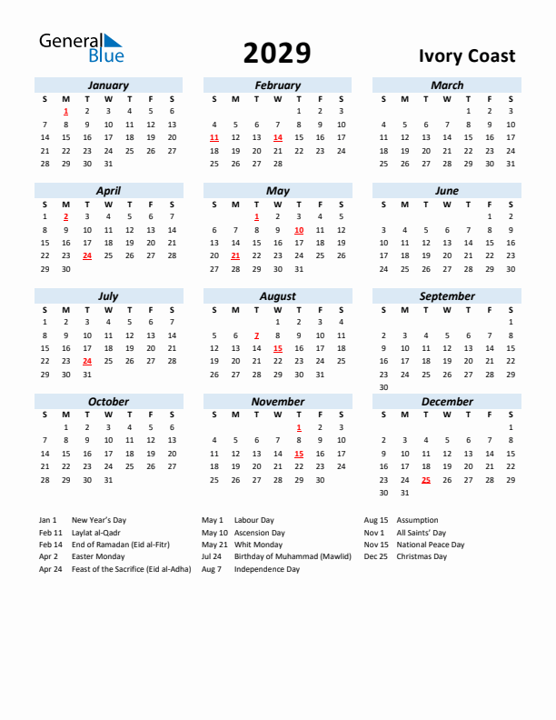 2029 Calendar for Ivory Coast with Holidays