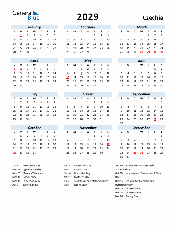 2029 Calendar for Czechia with Holidays