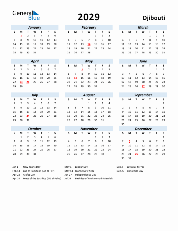 2029 Calendar for Djibouti with Holidays