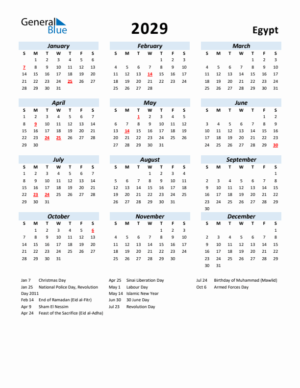 2029 Calendar for Egypt with Holidays