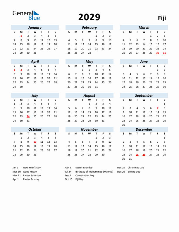 2029 Calendar for Fiji with Holidays