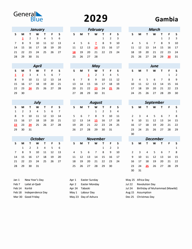 2029 Calendar for Gambia with Holidays