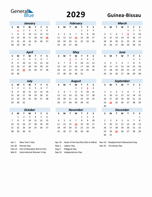 2029 Calendar for Guinea-Bissau with Holidays
