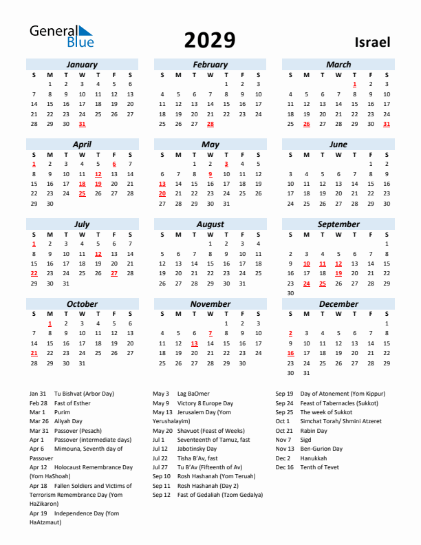 2029 Calendar for Israel with Holidays