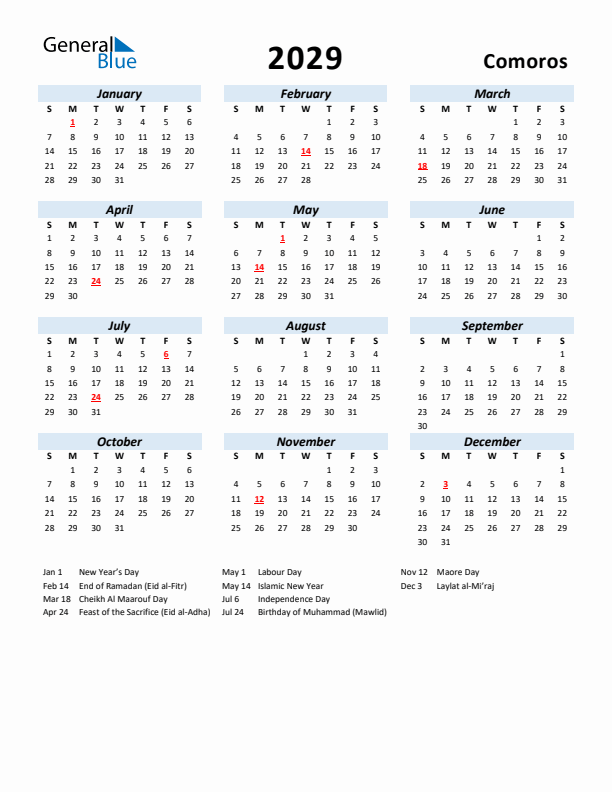 2029 Calendar for Comoros with Holidays
