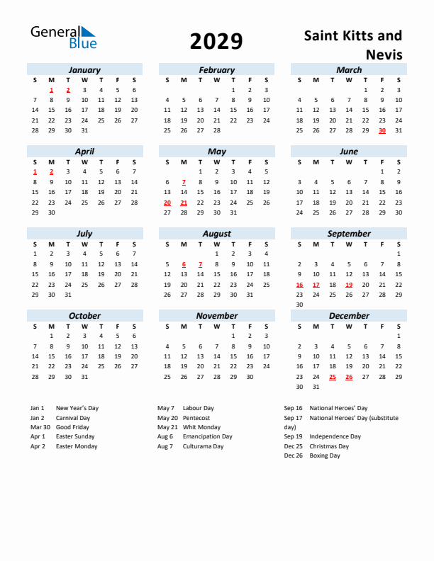 2029 Calendar for Saint Kitts and Nevis with Holidays