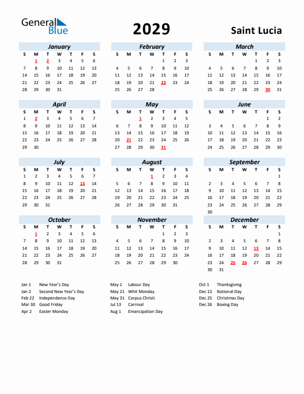 2029 Calendar for Saint Lucia with Holidays