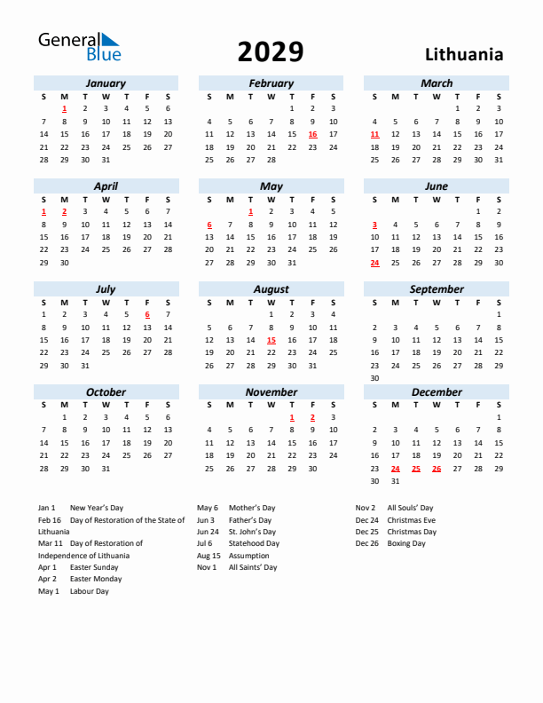 2029 Calendar for Lithuania with Holidays