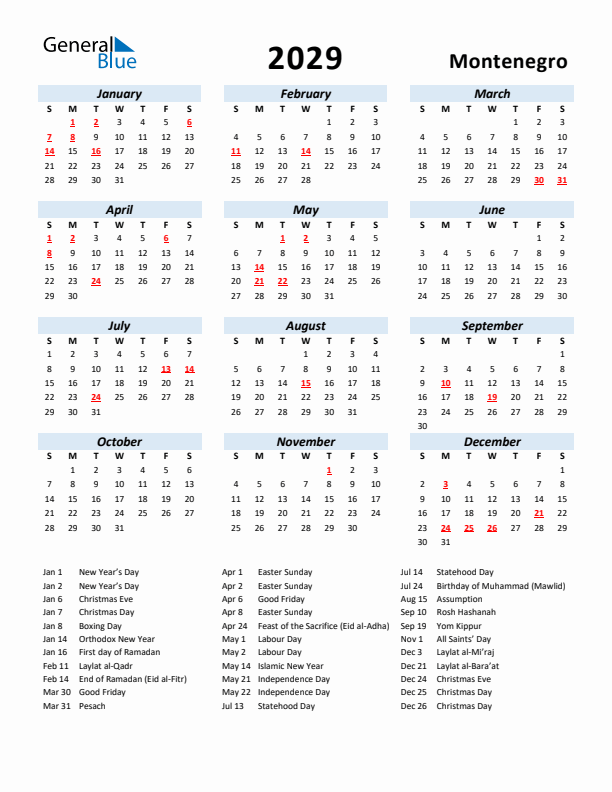 2029 Calendar for Montenegro with Holidays