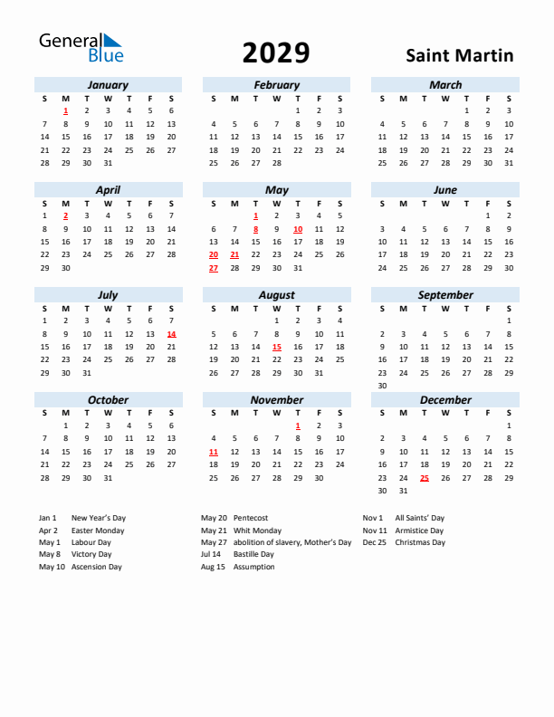 2029 Calendar for Saint Martin with Holidays