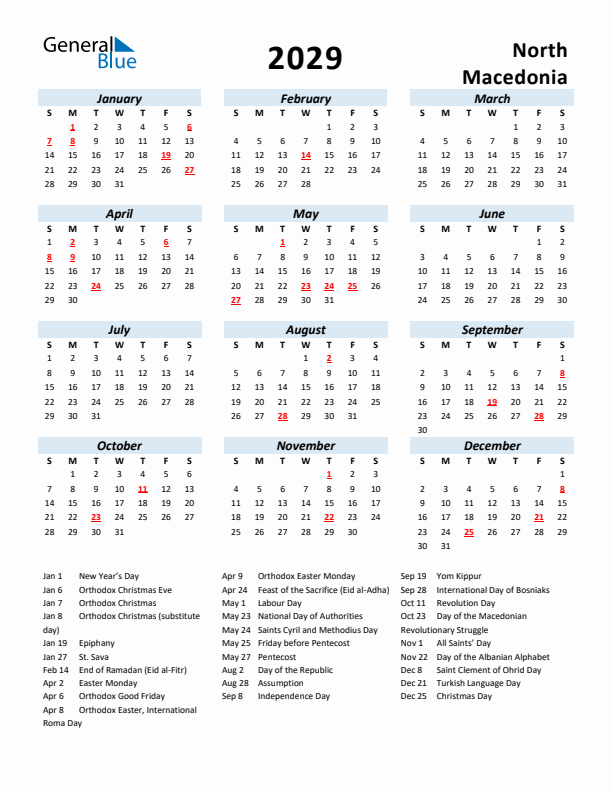 2029 Calendar for North Macedonia with Holidays
