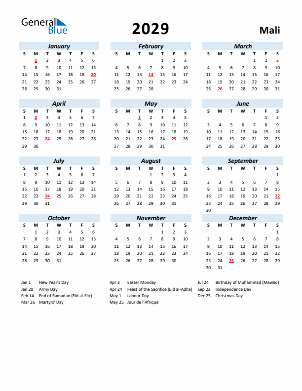 2029 Calendar for Mali with Holidays