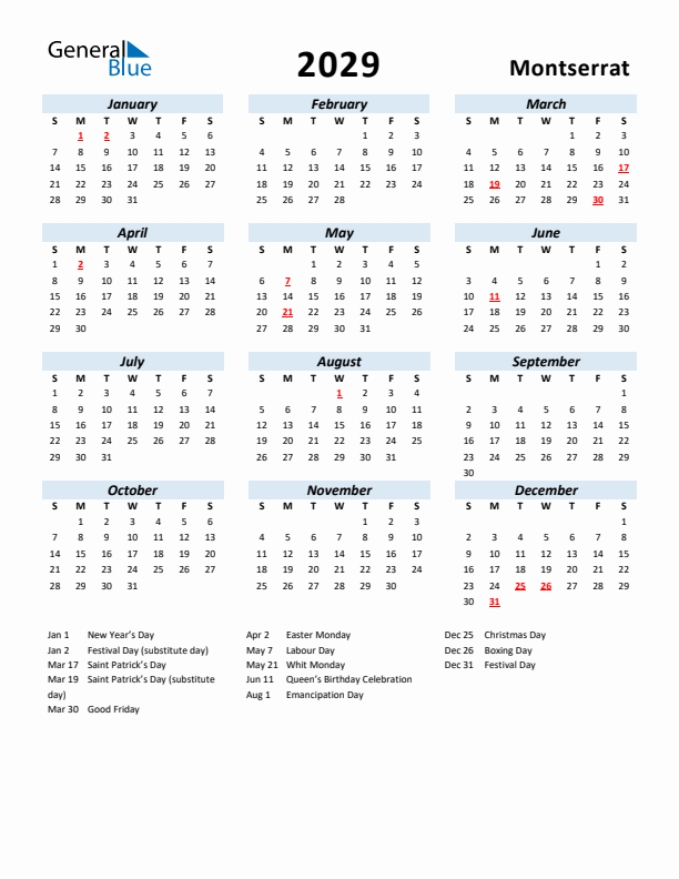 2029 Calendar for Montserrat with Holidays