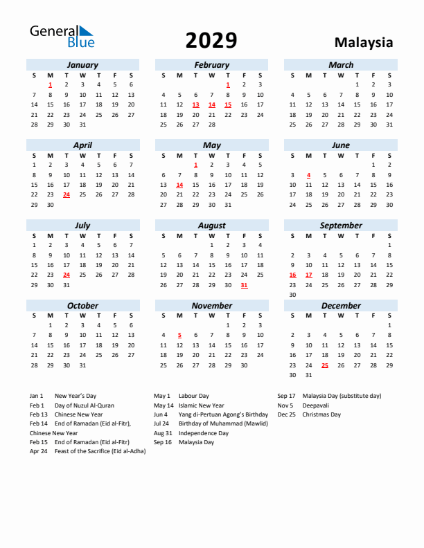 2029 Calendar for Malaysia with Holidays