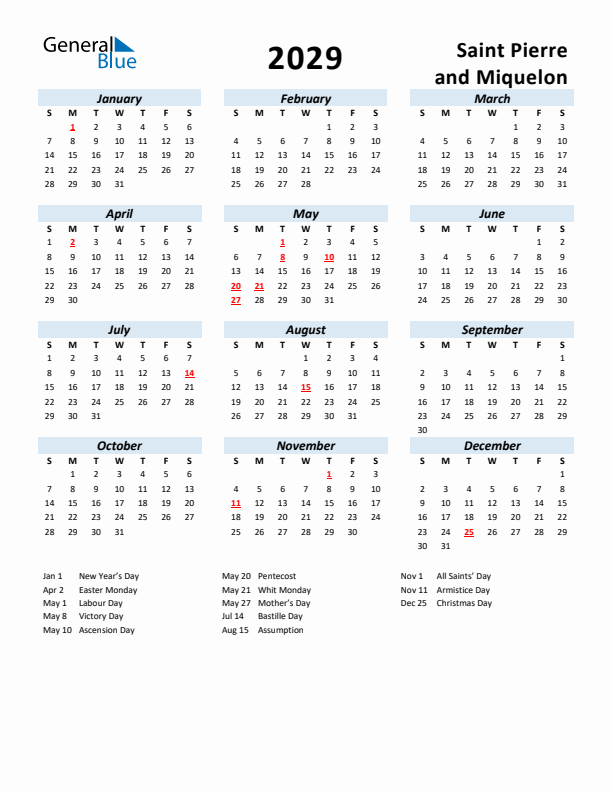 2029 Calendar for Saint Pierre and Miquelon with Holidays