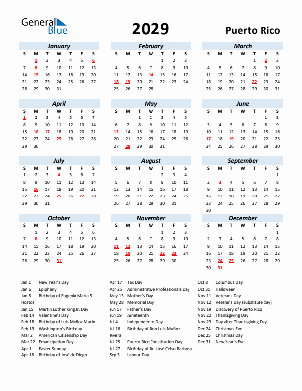 2029 Calendar for Puerto Rico with Holidays