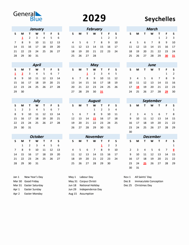 2029 Calendar for Seychelles with Holidays