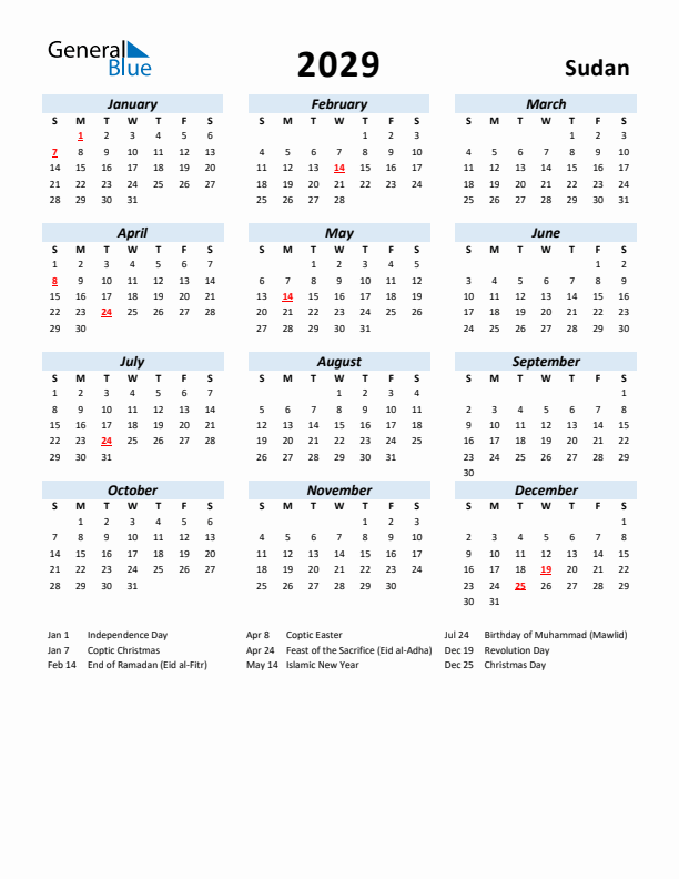 2029 Calendar for Sudan with Holidays