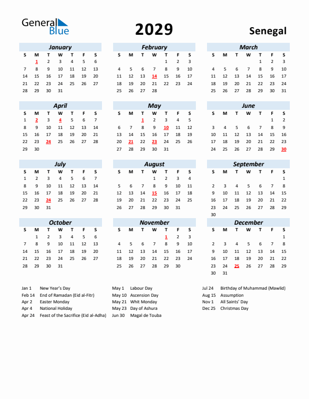 2029 Calendar for Senegal with Holidays