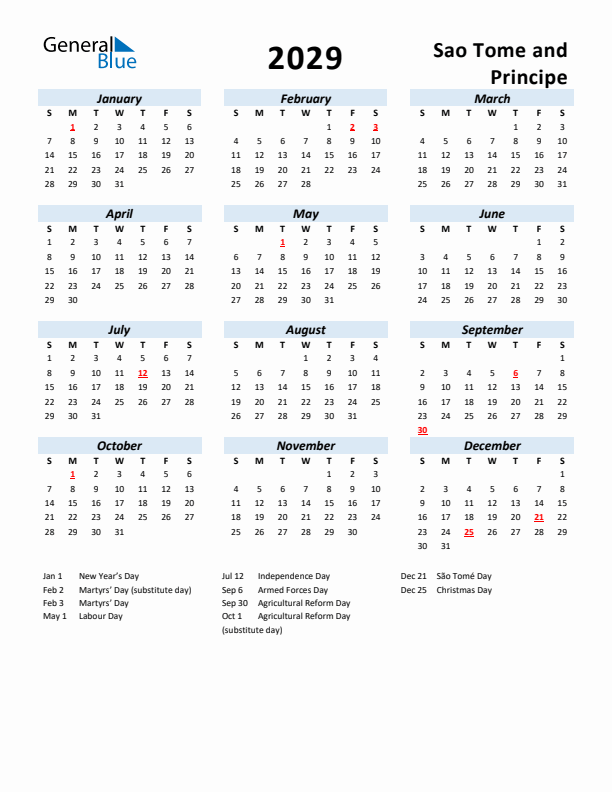 2029 Calendar for Sao Tome and Principe with Holidays