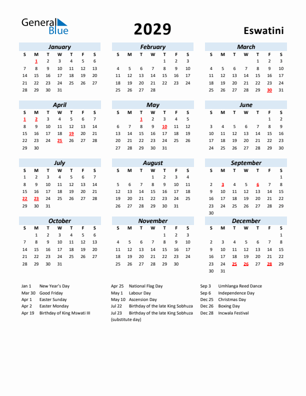 2029 Calendar for Eswatini with Holidays