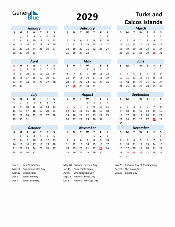 2029 Calendar for Turks and Caicos Islands with Holidays