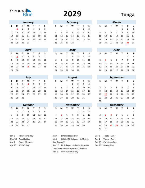 2029 Calendar for Tonga with Holidays