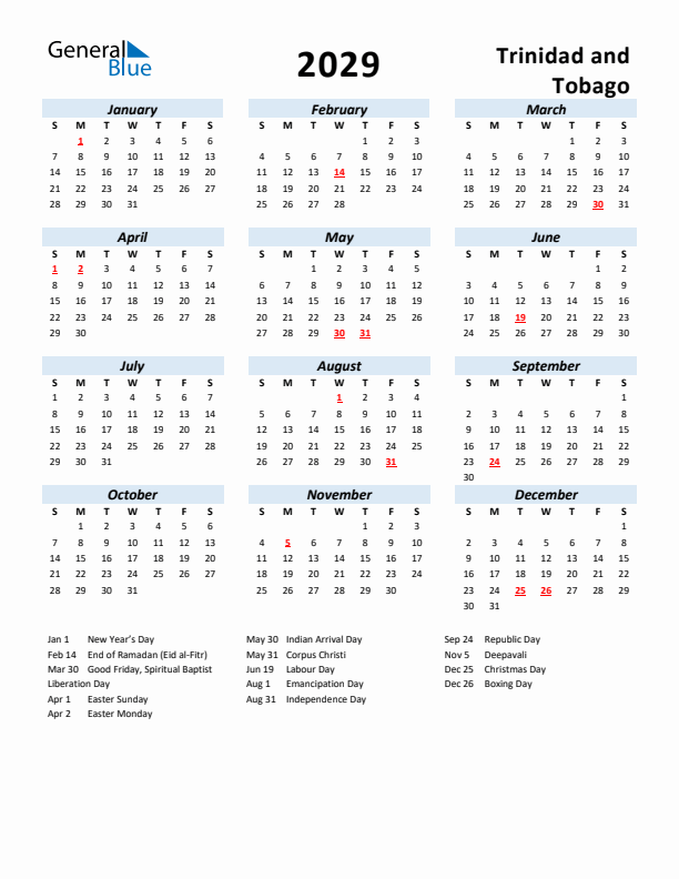 2029 Calendar for Trinidad and Tobago with Holidays