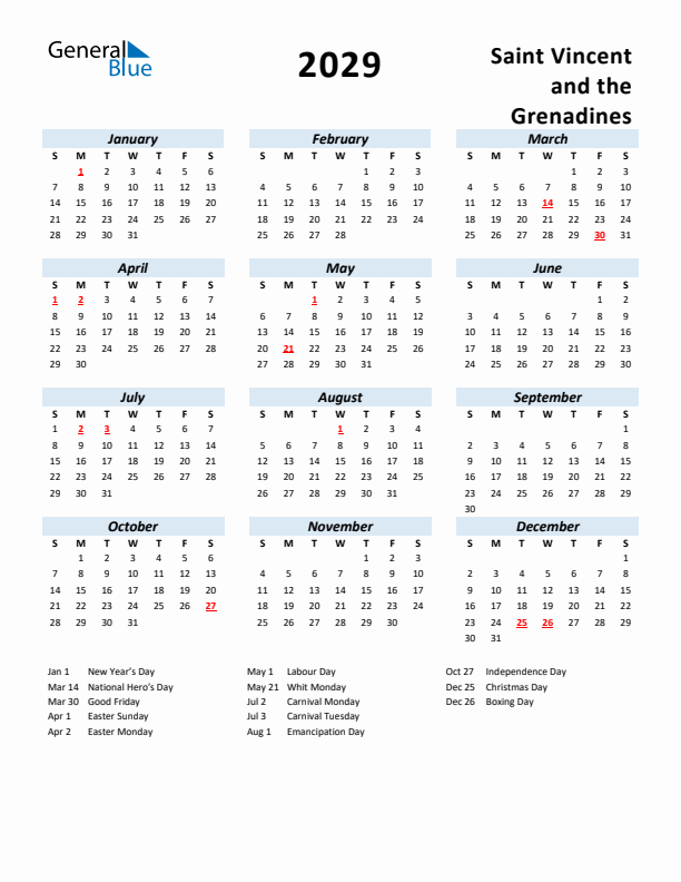 2029 Calendar for Saint Vincent and the Grenadines with Holidays