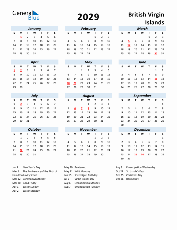 2029 Calendar for British Virgin Islands with Holidays