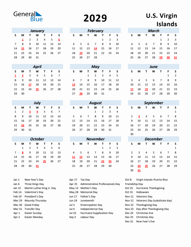 2029 Calendar for U.S. Virgin Islands with Holidays