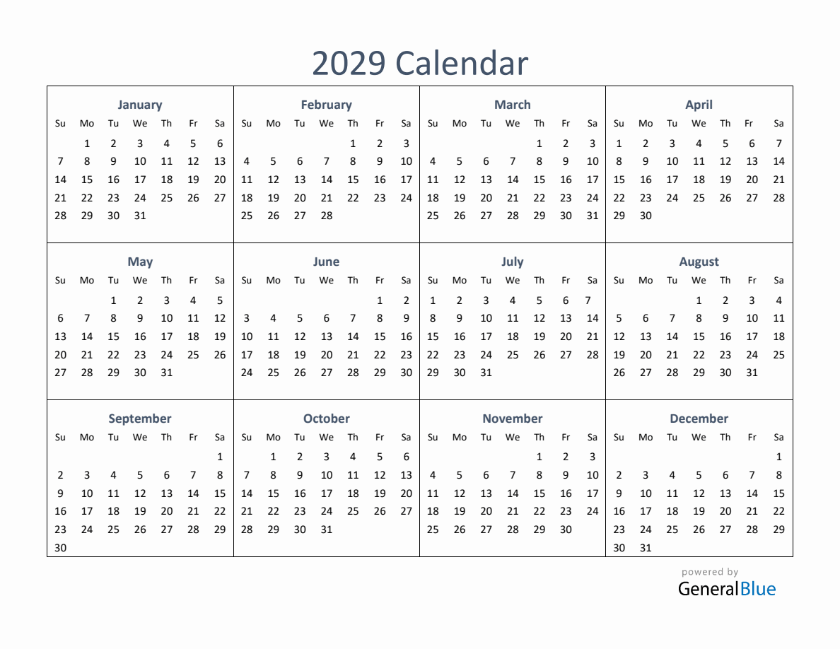 One-Page Yearly Calendar 2029 (PDF Excel Word)