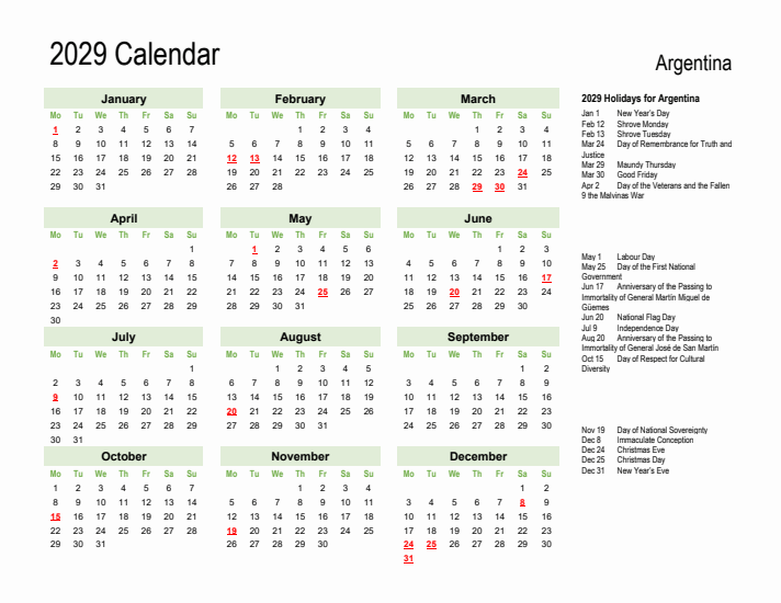Holiday Calendar 2029 for Argentina (Monday Start)
